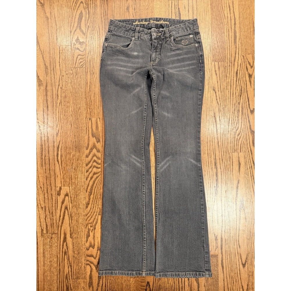 Harley-Davidson Bootcut Jeans Embroidered Logo Faded Black Denim Size 4 Flair
